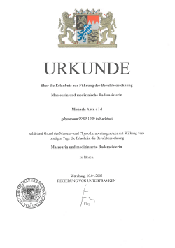 Urkunde – Staatlich anerkannte Masseurin & med. Bademeisterin